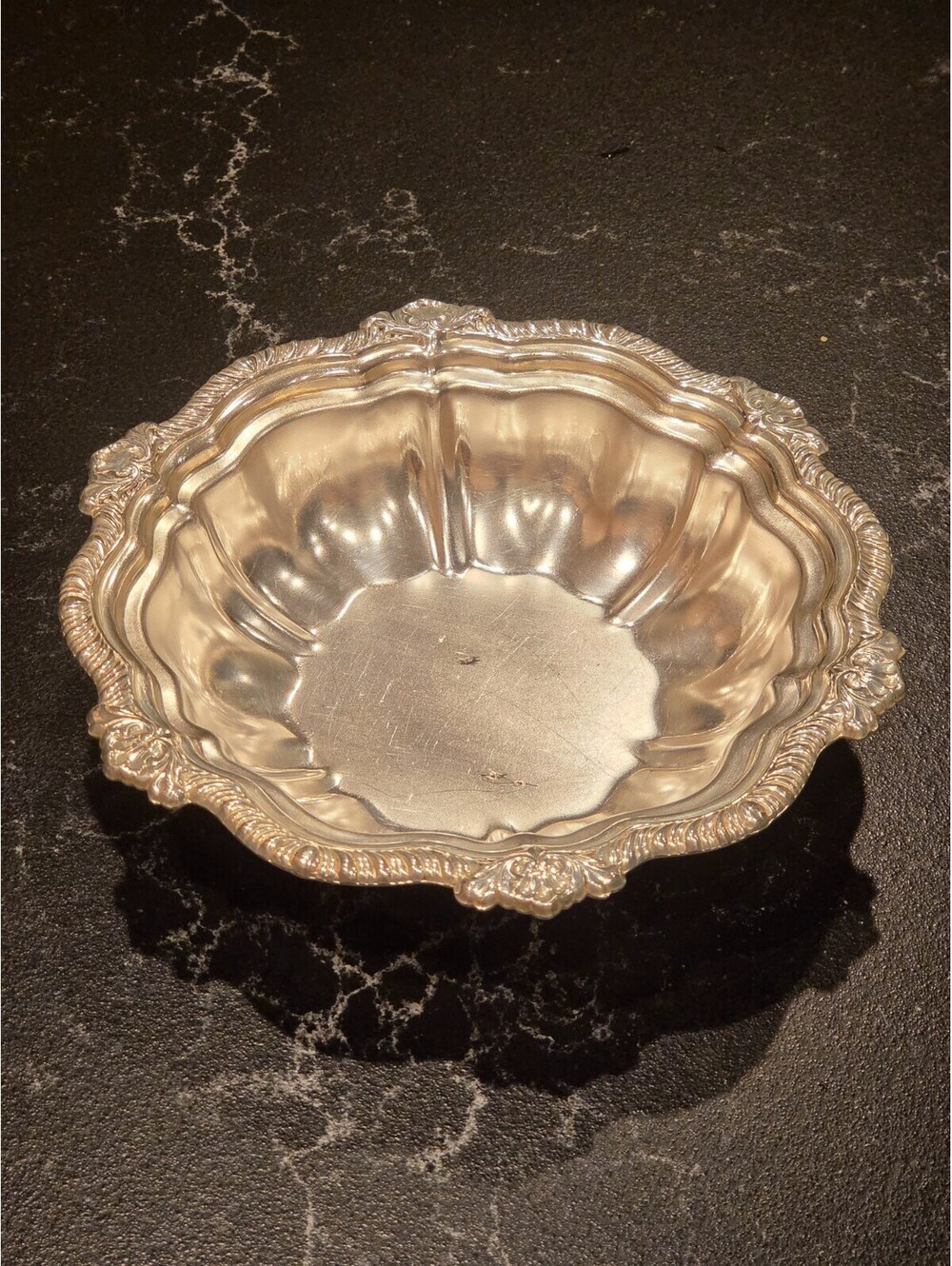 Vintage HMC Silverplate Footed Bon Bon Candy Nut Dish Ornate Scalloped Bowl 6"